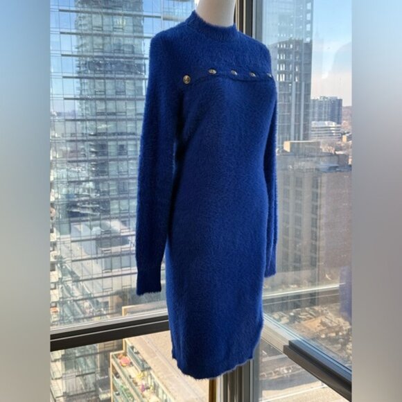 🆕 VERSACE JEANS COUTURE 🧿 NWOT Royal Blue Faux Fur Knit Dress, Buttons - Sz XL - Picture 5 of 16